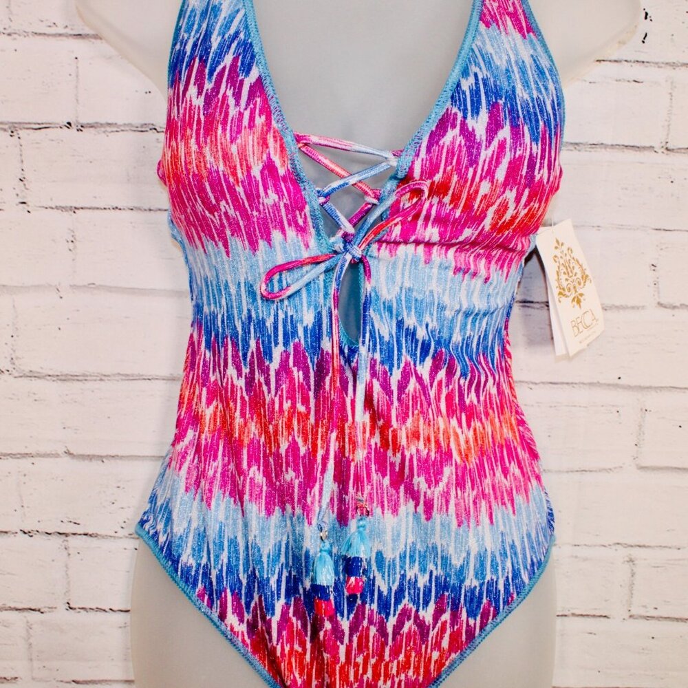 Becca Women's Joshua Tree One-Piece Swimsuit Pink Blue Lace Up $158 NWT S, M, L - Picture 5 of 9